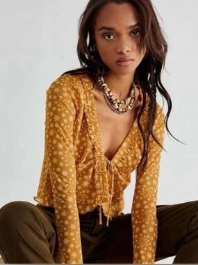 Free People Mustard Star-Print Tie-Front Long Sleeve Sheer Top Small